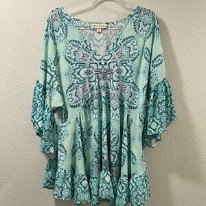 AVEOLOGY BOHO Paisley V-Neck Ruffled Top Empire, Aqua/Turquoise/Pink - 16